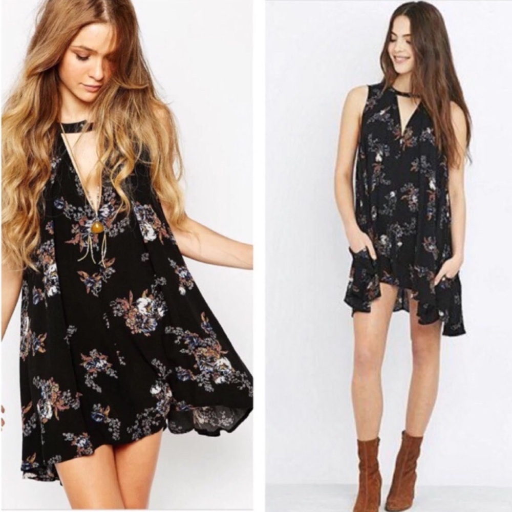 Free People Tree Swing Black Floral Boho Flowy Keyhole Tunic Dress Sz Med/Large